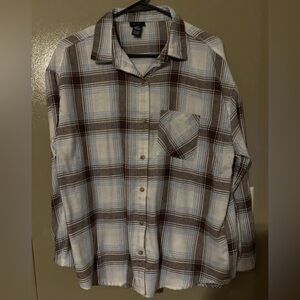 Rue21 Women's Large Plaid Button Down Flannel - Light Blue, Cream, Brown
